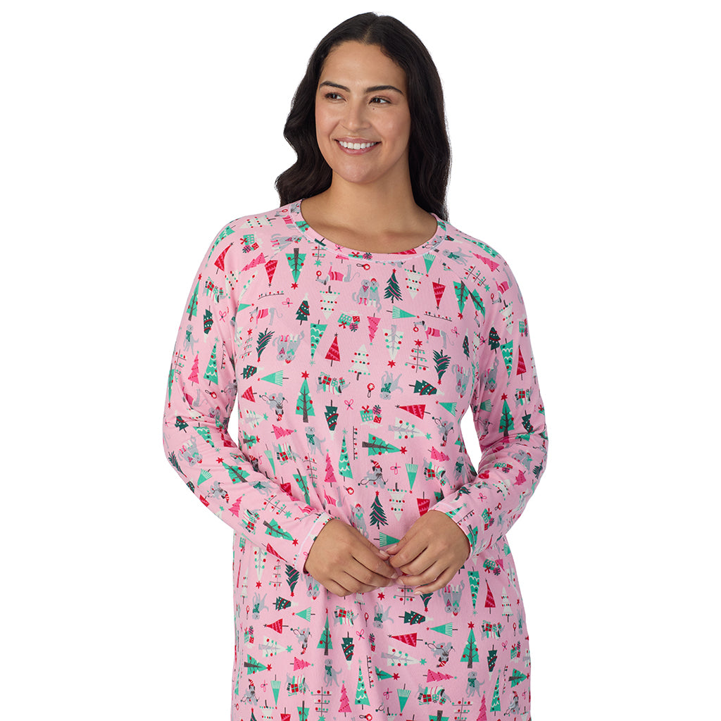 Pink Holiday Trees;Model is wearing size 1X. She is 5'10", Bust 40", Waist 33", Hips 47".@A lady wearing Pink Holiday Trees Brushed Sweater Knit Long Sleeve Sleepshirt PLUS