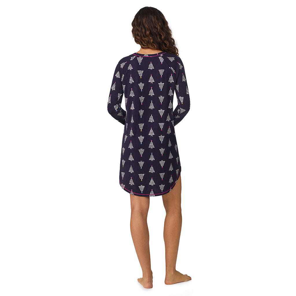 A lady wearing Navy Heart Trees Brushed Sweater Knit Long Sleeve Sleepshirt