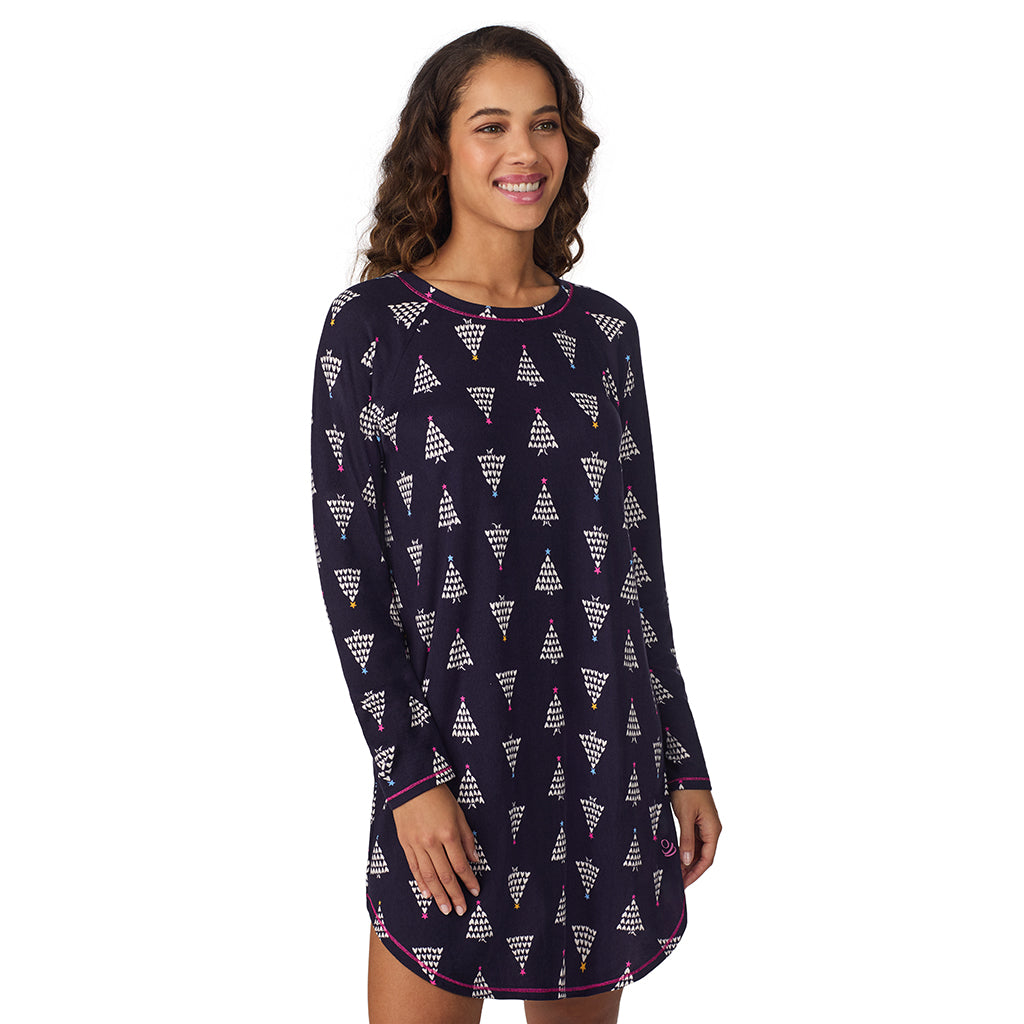 Navy Heart Trees;Model is wearing size S. She is 5’9”, Bust 34”, Waist 23”, Hips 35”.@A lady wearing Navy Heart Trees Brushed Sweater Knit Long Sleeve Sleepshirt