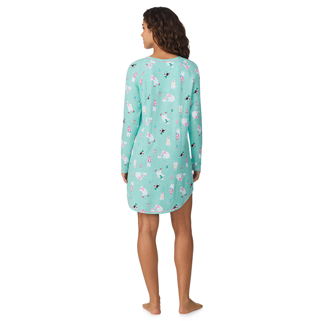 A lady wearing Aqua Polar Bears Brushed Sweater Knit Long Sleeve Sleepshirt