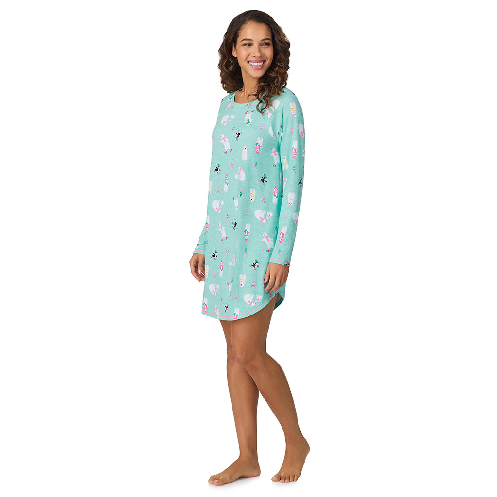 A lady wearing Aqua Polar Bears Brushed Sweater Knit Long Sleeve Sleepshirt