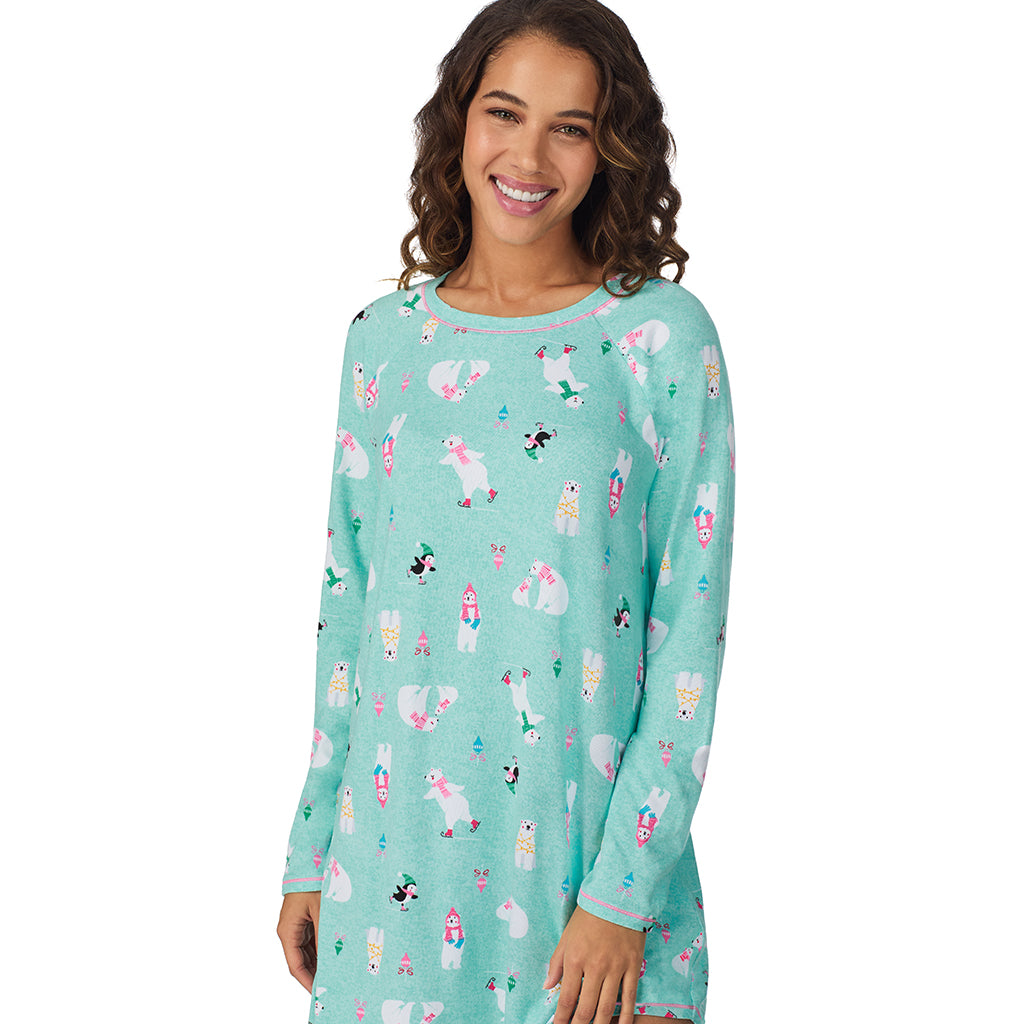 A lady wearing Aqua Polar Bears Brushed Sweater Knit Long Sleeve Sleepshirt