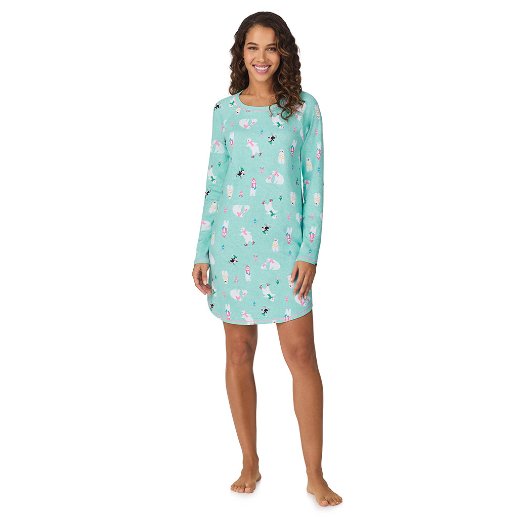 A lady wearing Aqua Polar Bears Brushed Sweater Knit Long Sleeve Sleepshirt