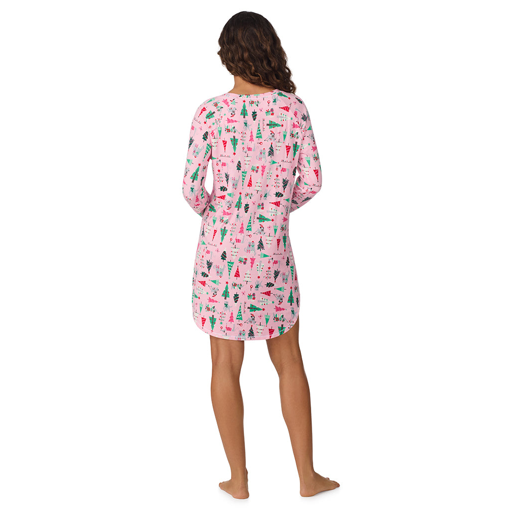 Pink Holiday Trees;Model is wearing size S. She is 5’9”, Bust 34”, Waist 23”, Hips 35”.@A lady wearing Pink Holiday Trees Brushed Sweater Knit Long Sleeve Sleepshirt