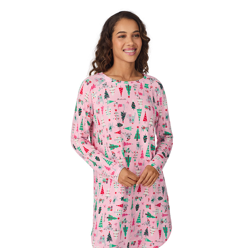 A lady wearing Pink Holiday Trees Brushed Sweater Knit Long Sleeve Sleepshirt