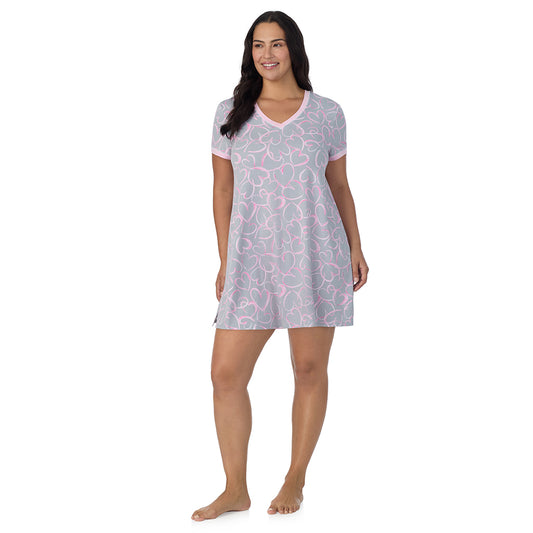 A lady wearing Grey Scribble Hearts Cotton-Blend Short Sleeve Sleep Shirt PLUS