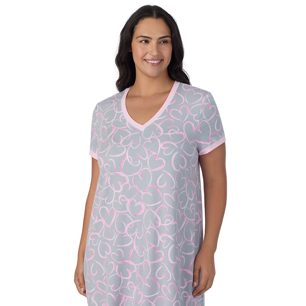 A lady wearing Grey Scribble Hearts Cotton-Blend Short Sleeve Sleep Shirt PLUS