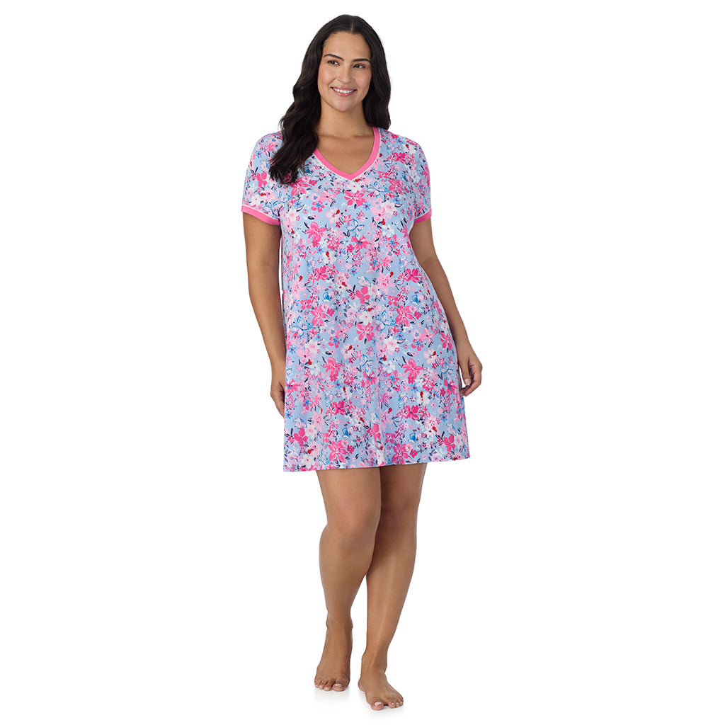 Blue Multi Floral;Model is wearing size 1X. She is 5'10", Bust 40", Waist 33", Hips 47".@A lady wearing Blue Multi Floral Cotton-Blend Short Sleeve Sleep Shirt PLUS