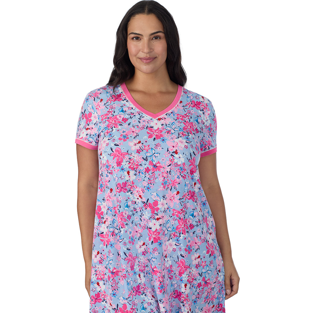 A lady wearing Blue Multi Floral Cotton-Blend Short Sleeve Sleep Shirt PLUS