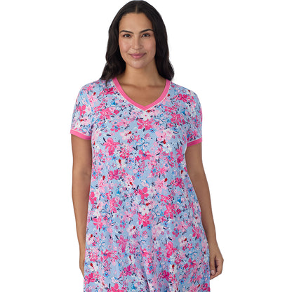 Blue Multi Floral;Model is wearing size 1X. She is 5'10", Bust 40", Waist 33", Hips 47".@A lady wearing Blue Multi Floral Cotton-Blend Short Sleeve Sleep Shirt PLUS