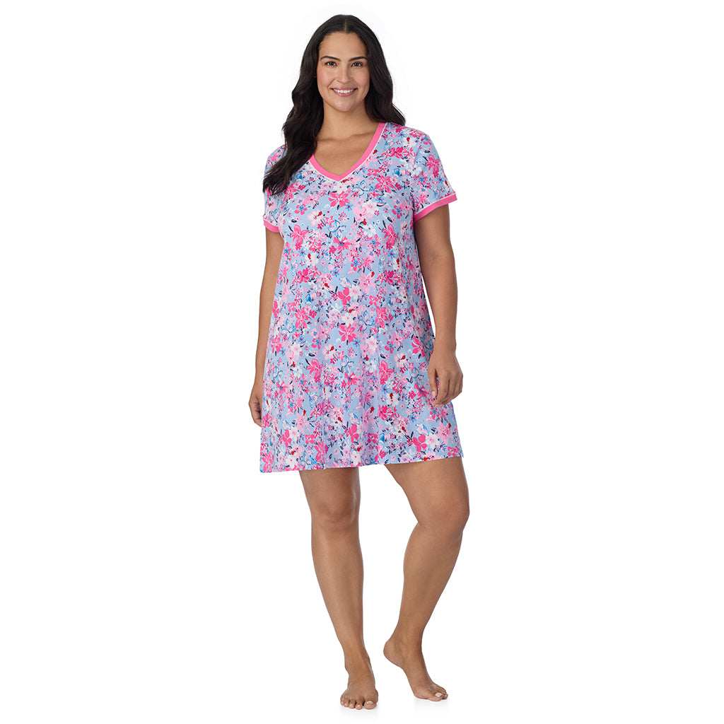 Blue Multi Floral;Model is wearing size 1X. She is 5'10", Bust 40", Waist 33", Hips 47".@A lady wearing Blue Multi Floral Cotton-Blend Short Sleeve Sleep Shirt PLUS