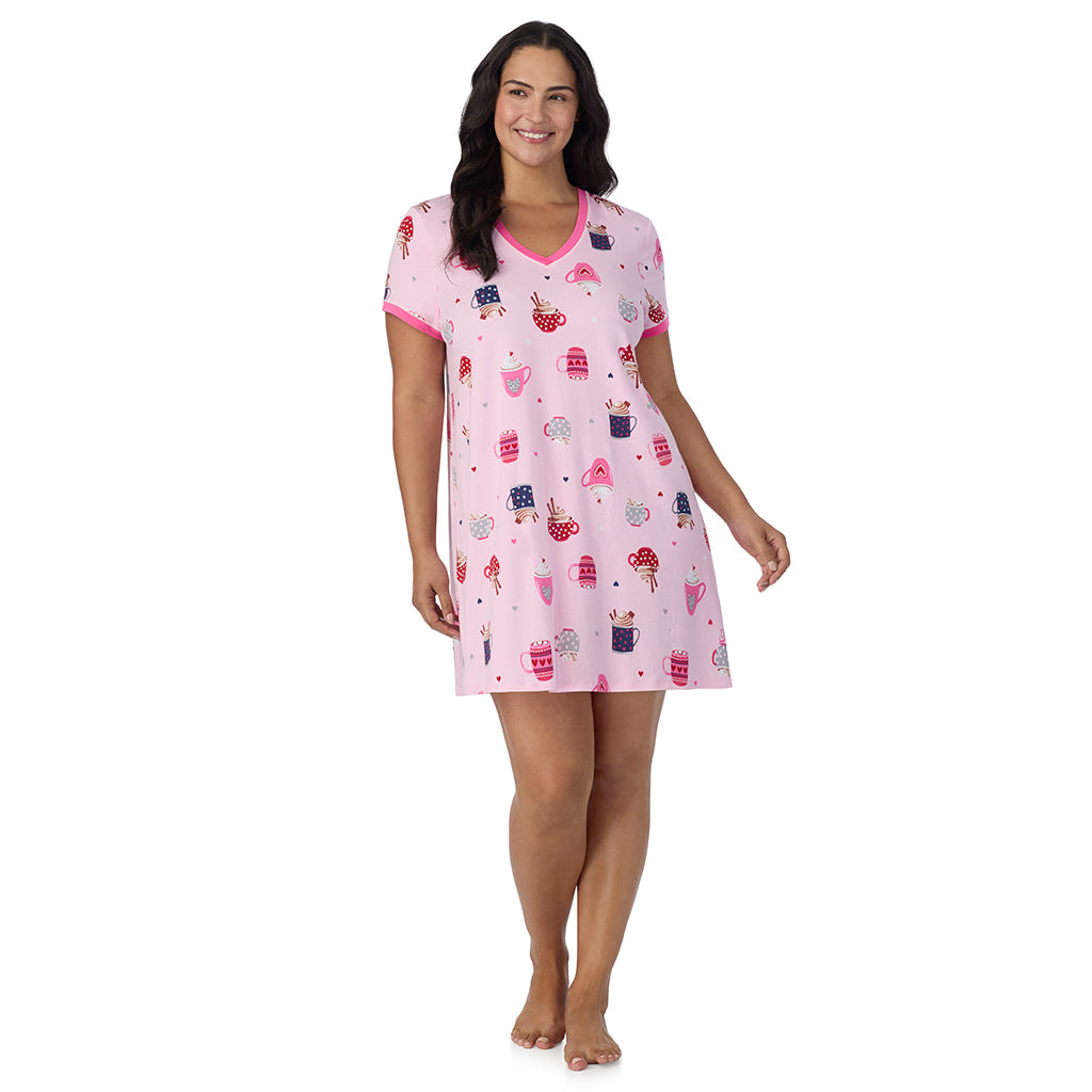 A lady wearing Pink Latte Cotton-Blend Short Sleeve Sleep Shirt PLUS