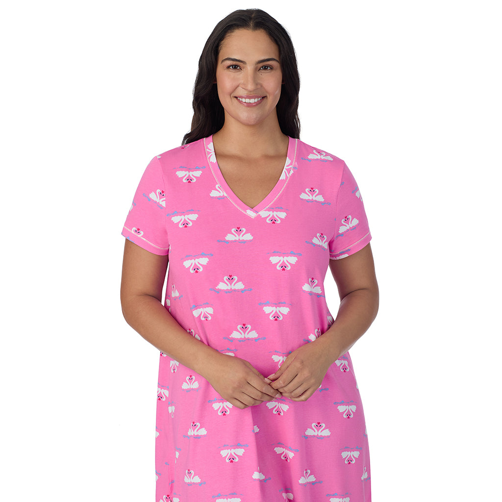 Pink Swans;Model is wearing size 1X. She is 5'10", Bust 40", Waist 33", Hips 47".@A lady wearing Pink Swans Cotton-Blend Short Sleeve Sleep Shirt PLUS