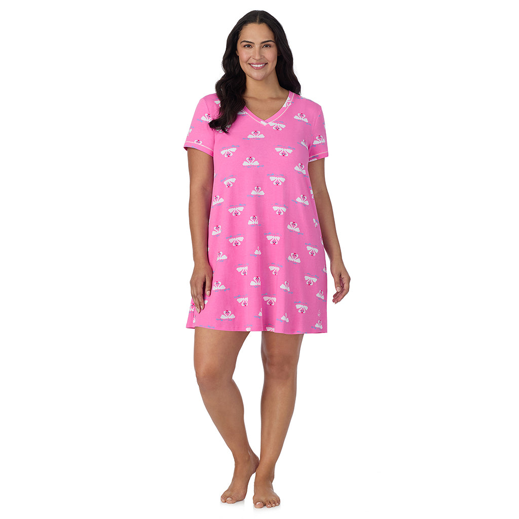 Pink Swans;Model is wearing size 1X. She is 5'10", Bust 40", Waist 33", Hips 47".@A lady wearing Pink Swans Cotton-Blend Short Sleeve Sleep Shirt PLUS