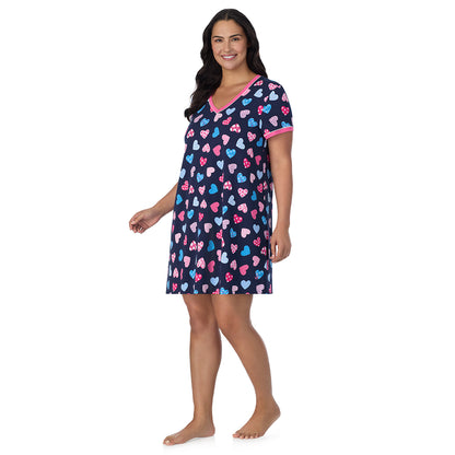 Navy Multi Hearts;Model is wearing size 1X. She is 5'10", Bust 40", Waist 33", Hips 47".@A lady wearing Navy Multi Hearts Cotton-Blend Short Sleeve Sleep Shirt PLUS