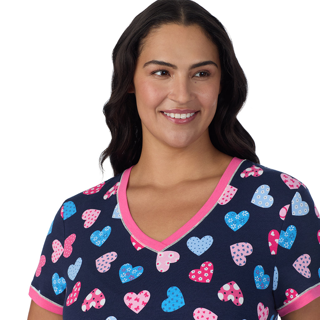 A lady wearing Navy Multi Hearts Cotton-Blend Short Sleeve Sleep Shirt PLUS