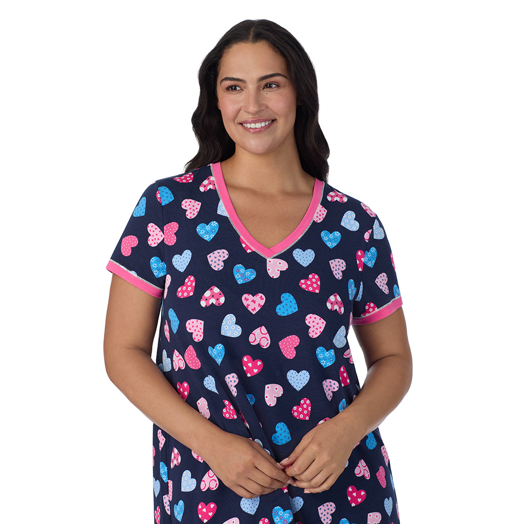 Navy Multi Hearts;Model is wearing size 1X. She is 5'10", Bust 40", Waist 33", Hips 47".@A lady wearing Navy Multi Hearts Cotton-Blend Short Sleeve Sleep Shirt PLUS