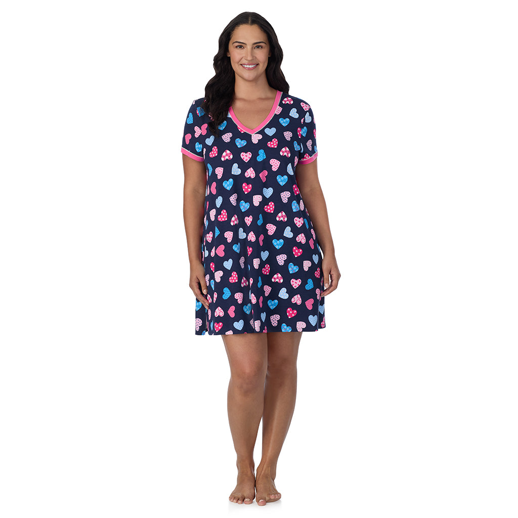 Navy Multi Hearts;Model is wearing size 1X. She is 5'10", Bust 40", Waist 33", Hips 47".@A lady wearing Navy Multi Hearts Cotton-Blend Short Sleeve Sleep Shirt PLUS