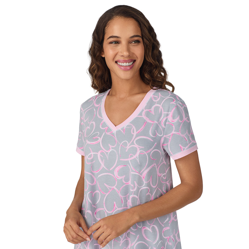 A lady wearing Grey Scribble Hearts Cotton-Blend Short Sleeve Sleep Shirt