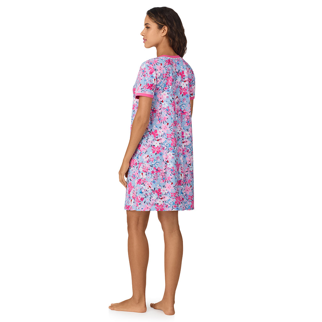 A lady wearing Blue Multi Floral Cotton-Blend Short Sleeve Sleep Shirt