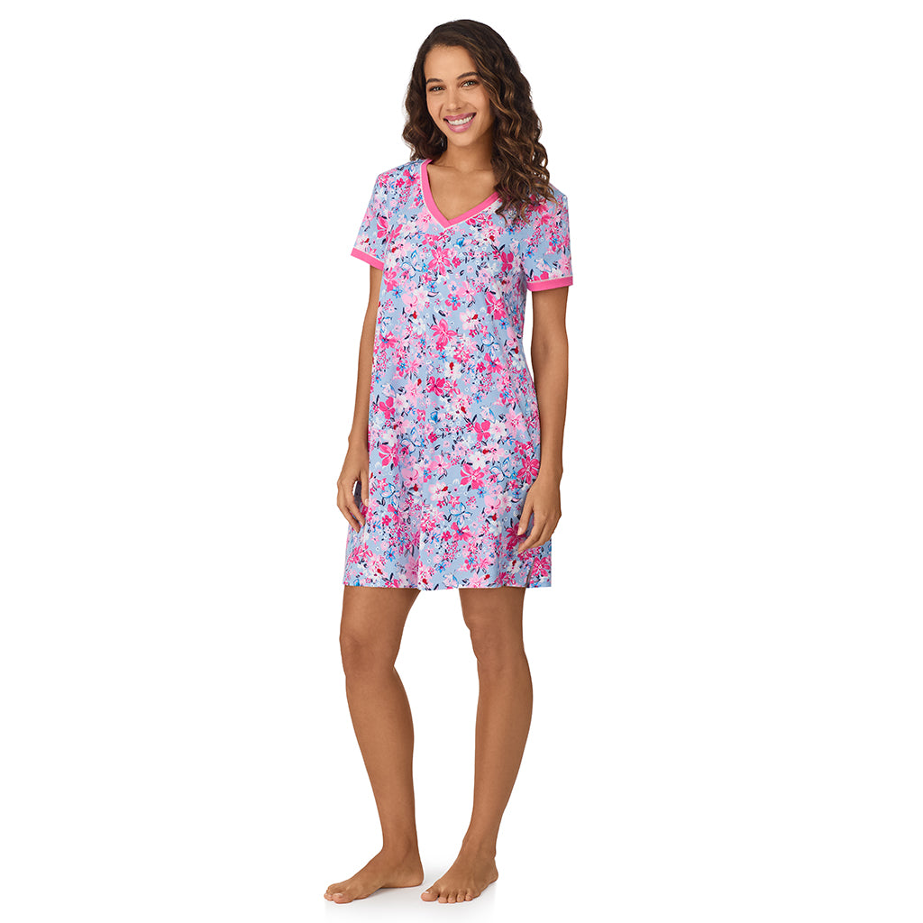 A lady wearing Blue Multi Floral Cotton-Blend Short Sleeve Sleep Shirt