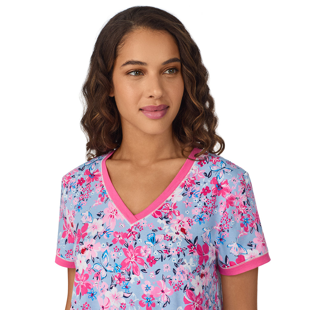 A lady wearing Blue Multi Floral Cotton-Blend Short Sleeve Sleep Shirt