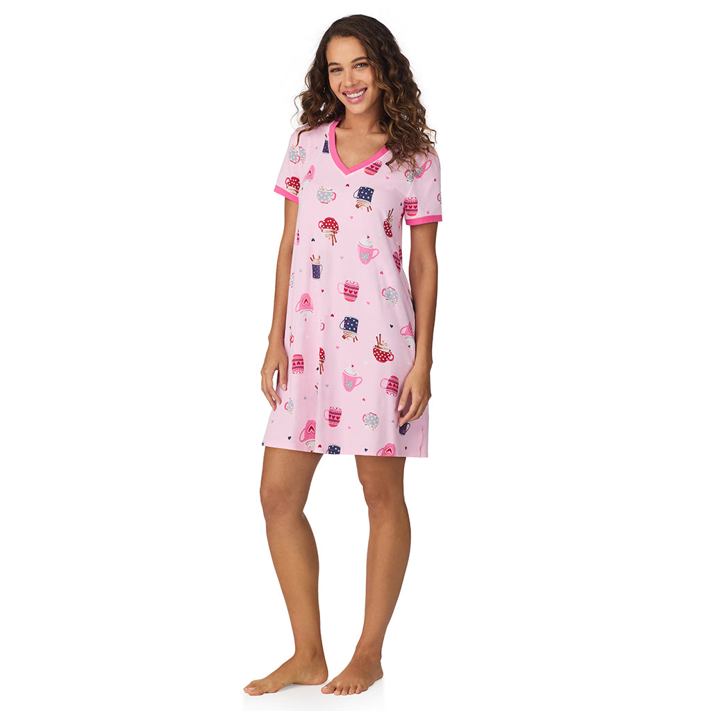 A lady wearing Pink Latte Cotton-Blend Short Sleeve Sleep Shirt