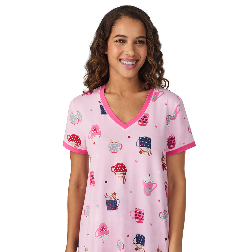 A lady wearing Pink Latte Cotton-Blend Short Sleeve Sleep Shirt