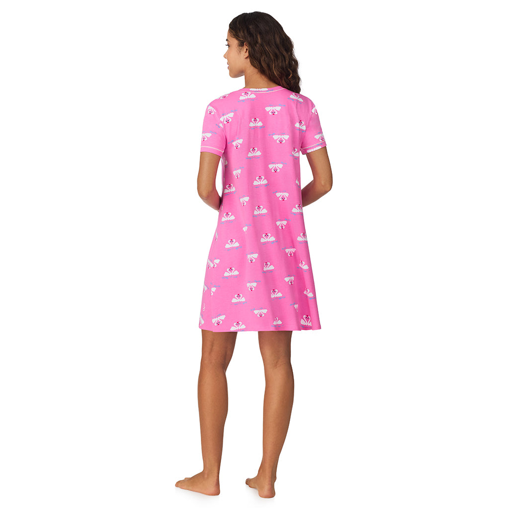 A lady wearing Pink Swans Cotton-Blend Short Sleeve Sleep Shirt