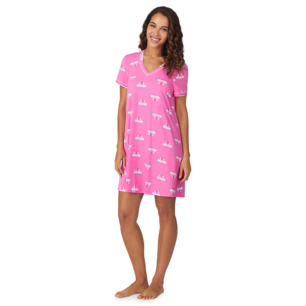 A lady wearing Pink Swans Cotton-Blend Short Sleeve Sleep Shirt