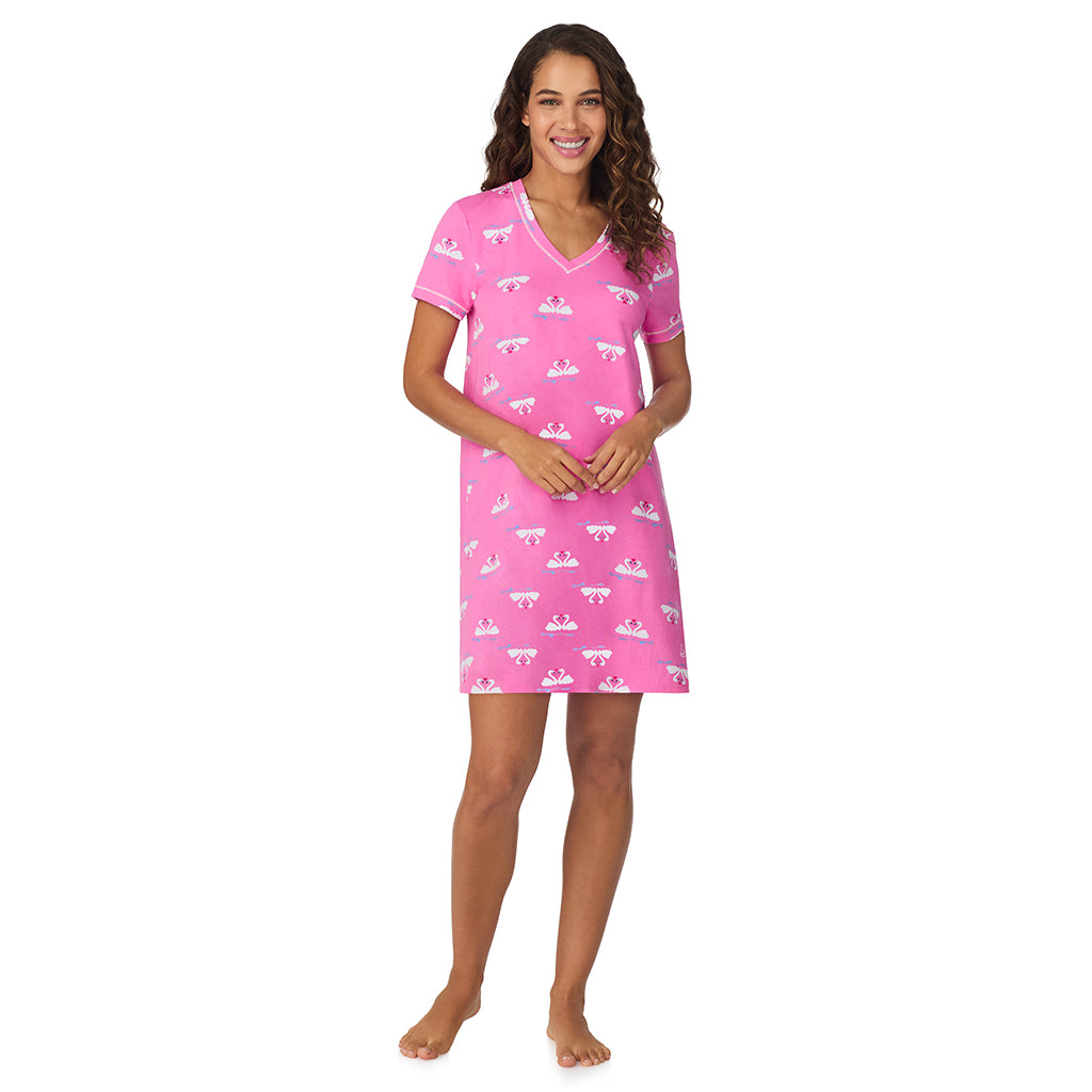 A lady wearing Pink Swans Cotton-Blend Short Sleeve Sleep Shirt