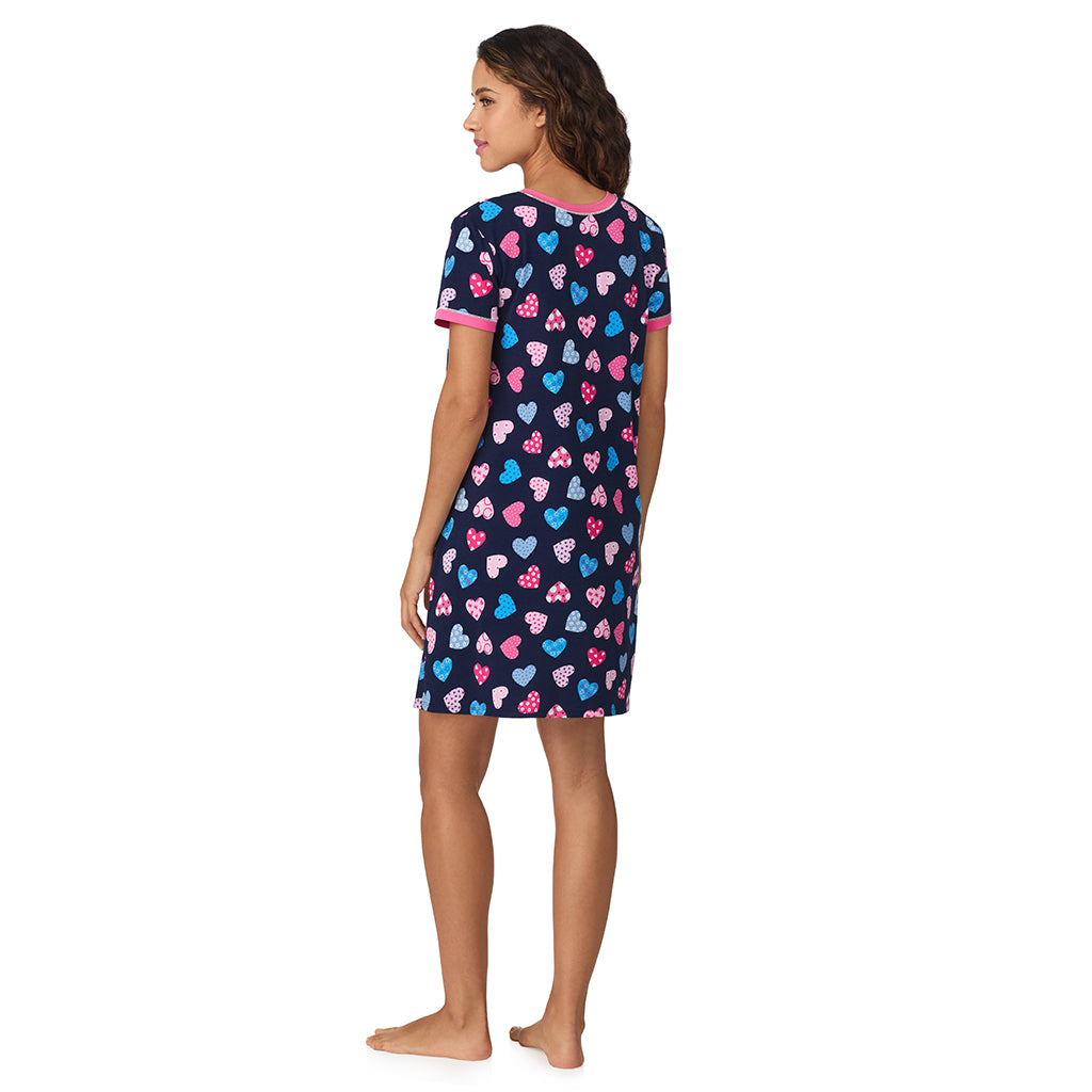 A lady wearing Navy Multi Hearts Cotton-Blend Short Sleeve Sleep Shirt