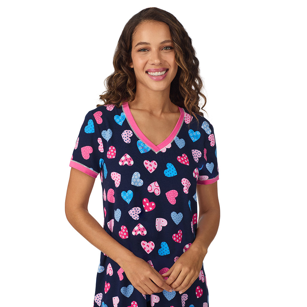 A lady wearing Navy Multi Hearts Cotton-Blend Short Sleeve Sleep Shirt