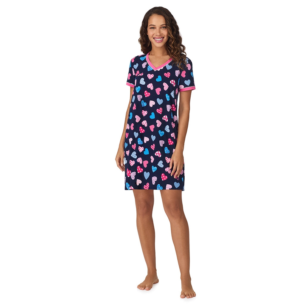 Navy Multi Hearts;Model is wearing size S. She is 5’9”, Bust 34”, Waist 23”, Hips 35”.@A lady wearing Navy Multi Hearts Cotton-Blend Short Sleeve Sleep Shirt