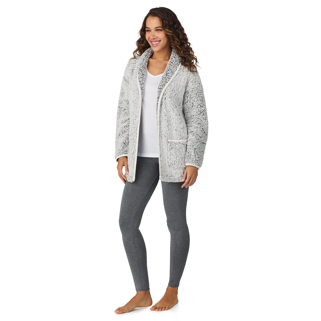 A lady wearing Frosted Grey Snuggle Up Sherpa Cardi