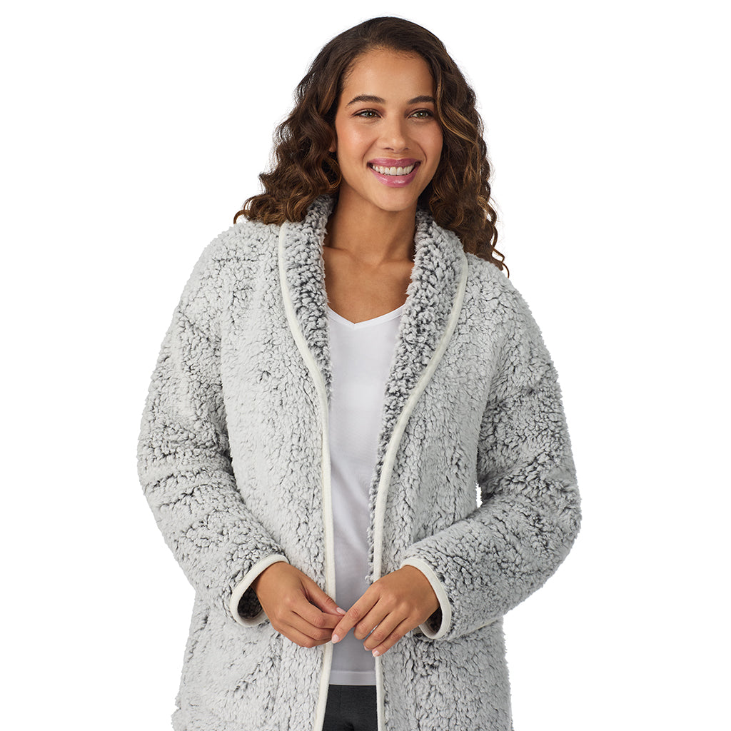 Frosted Grey;Model is wearing size S. She is 5’9”, Bust 34”, Waist 23”, Hips 35”.@A lady wearing Frosted Grey Snuggle Up Sherpa Cardi