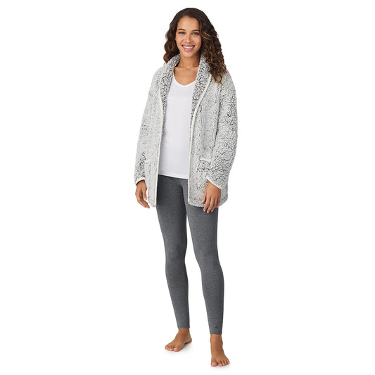 A lady wearing Frosted Grey Snuggle Up Sherpa Cardi