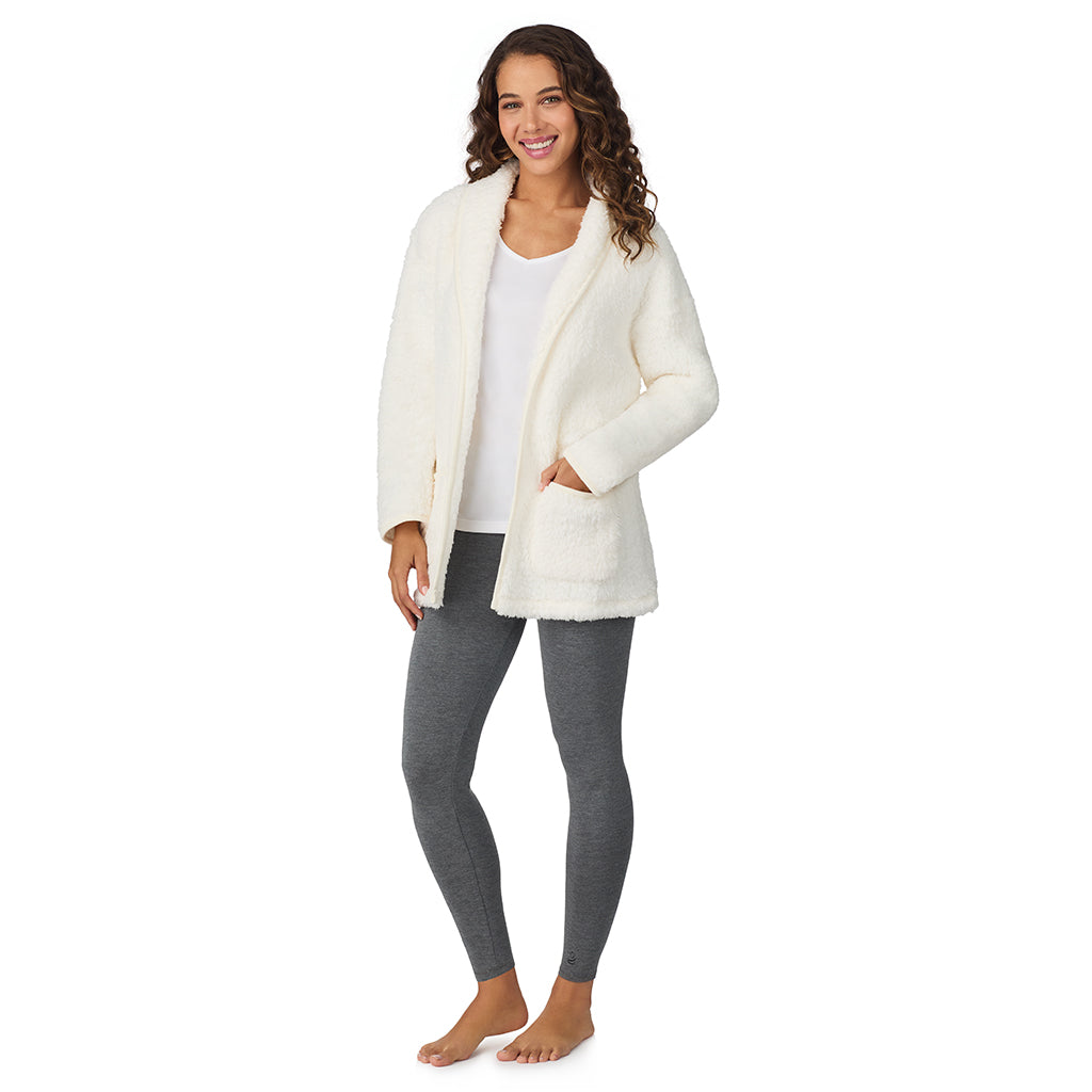 A lady wearing Ivory Snuggle Up Sherpa Cardi