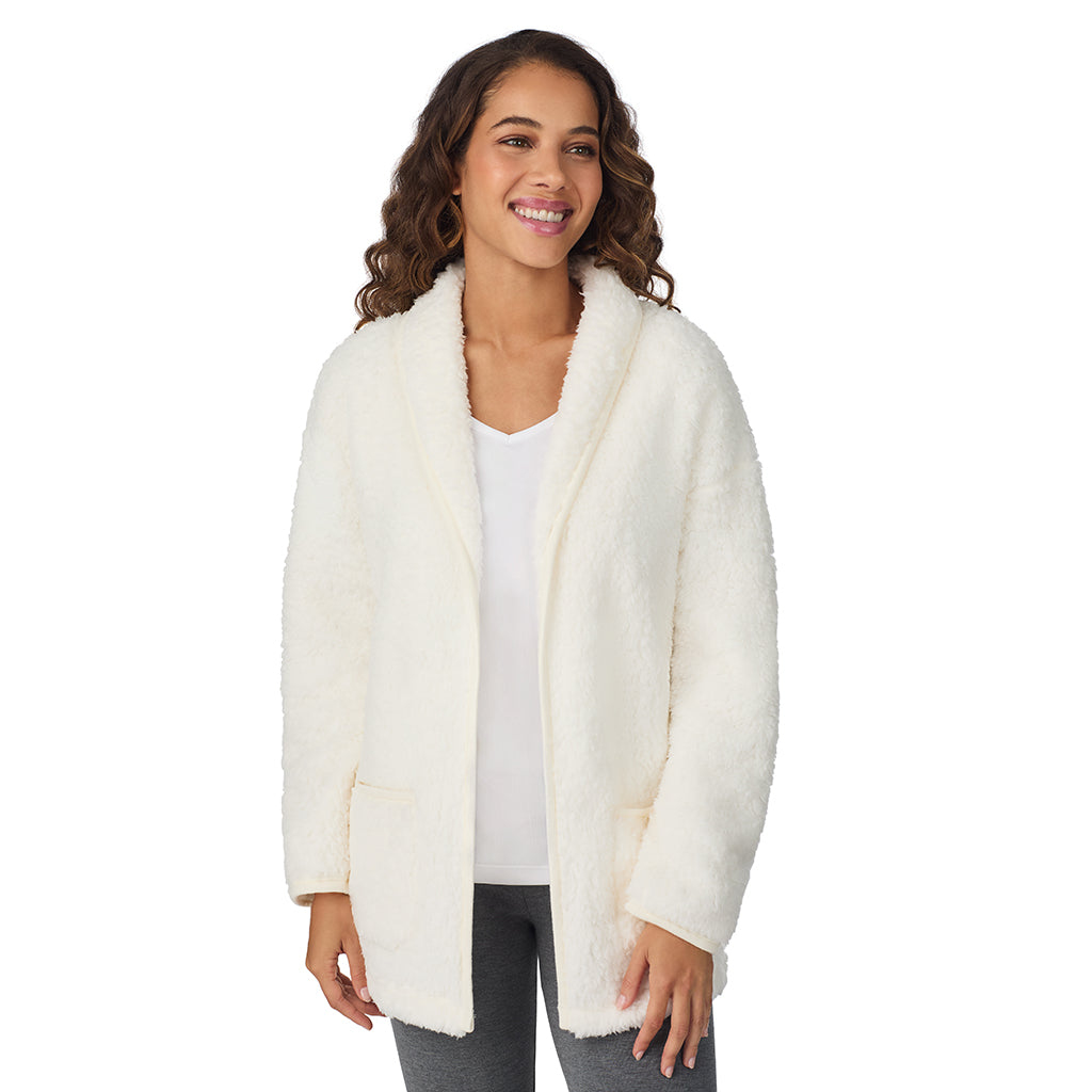 A lady wearing Ivory Snuggle Up Sherpa Cardi