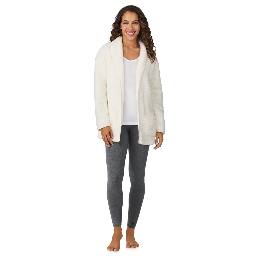 A lady wearing Ivory Snuggle Up Sherpa Cardi