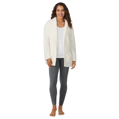 Ivory;Model is wearing size S. She is 5’9”, Bust 34”, Waist 23”, Hips 35”.@A lady wearing Ivory Snuggle Up Sherpa Cardi