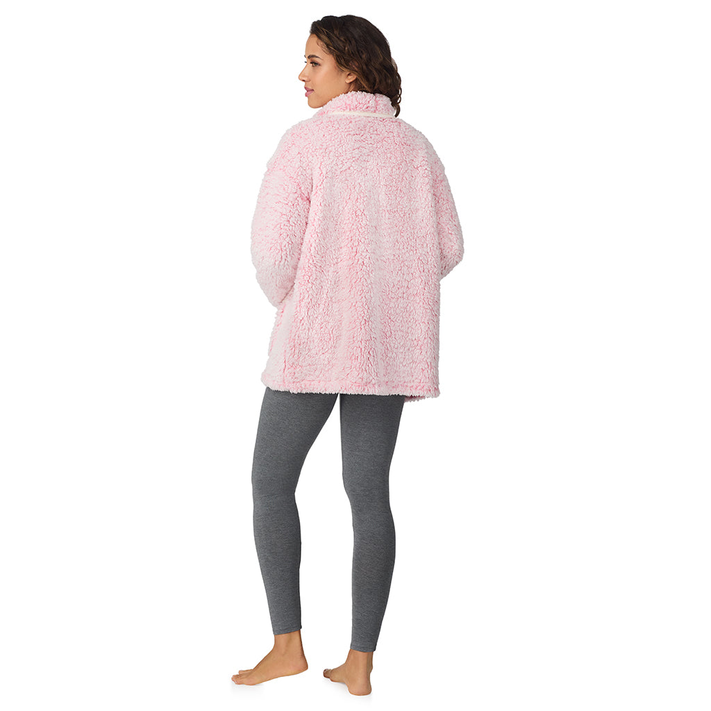 A lady wearing Frosted Pink Snuggle Up Sherpa Cardi