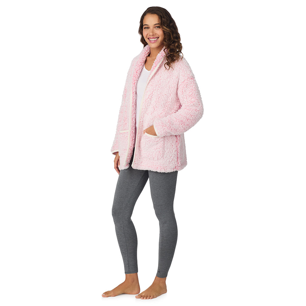 Frosted Pink;Model is wearing size S. She is 5’9”, Bust 34”, Waist 23”, Hips 35”.@A lady wearing Frosted Pink Snuggle Up Sherpa Cardi