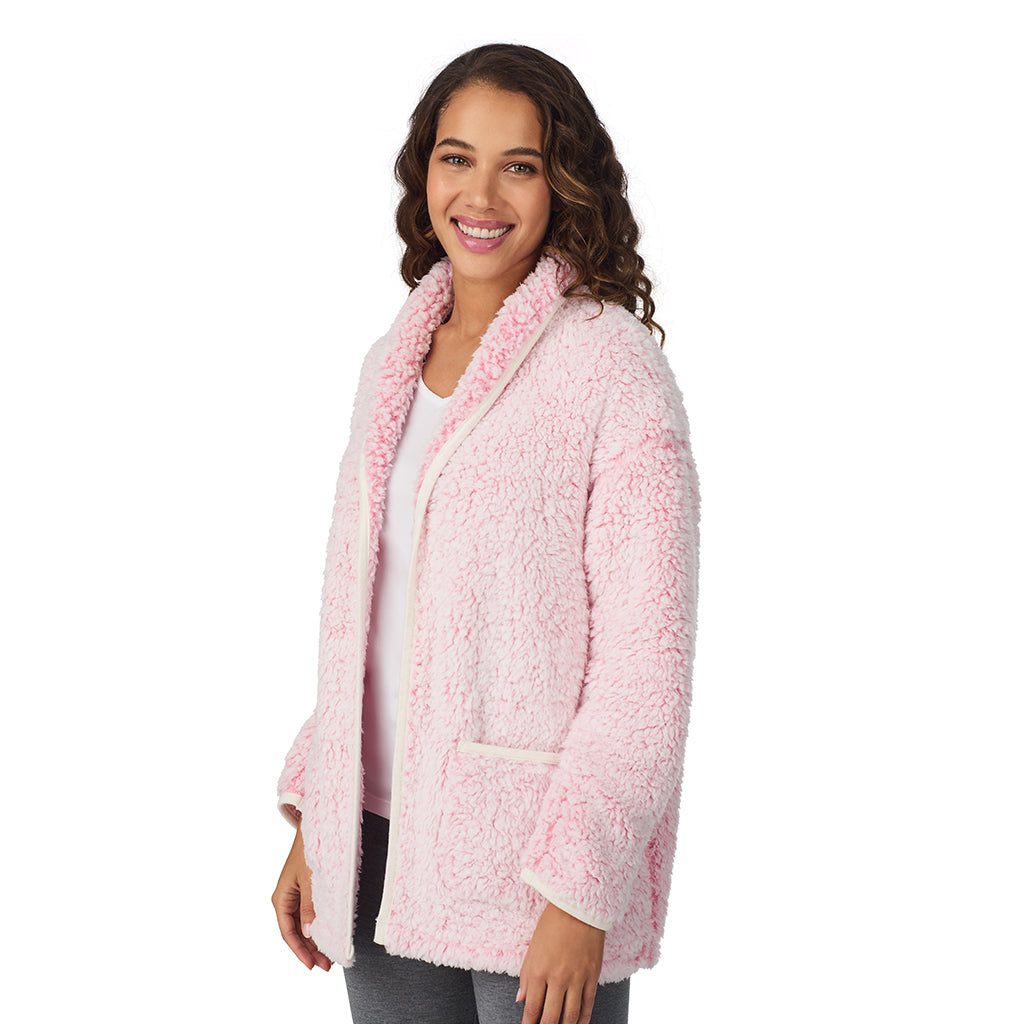 A lady wearing Frosted Pink Snuggle Up Sherpa Cardi