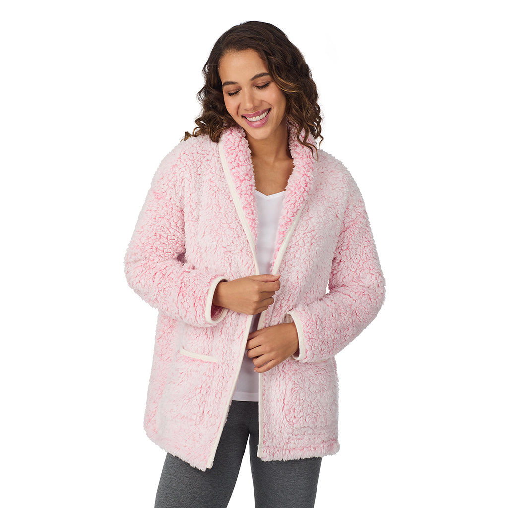 A lady wearing Frosted Pink Snuggle Up Sherpa Cardi