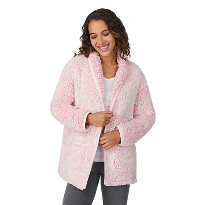 Frosted Pink;Model is wearing size S. She is 5’9”, Bust 34”, Waist 23”, Hips 35”.@A lady wearing Frosted Pink Snuggle Up Sherpa Cardi