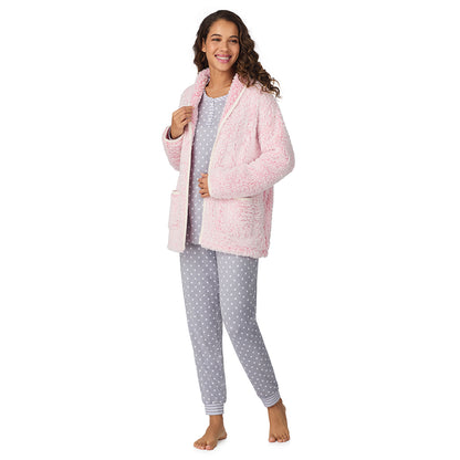 Frosted Pink;Model is wearing size S. She is 5’9”, Bust 34”, Waist 23”, Hips 35”.@A lady wearing Frosted Pink Snuggle Up Sherpa Cardi