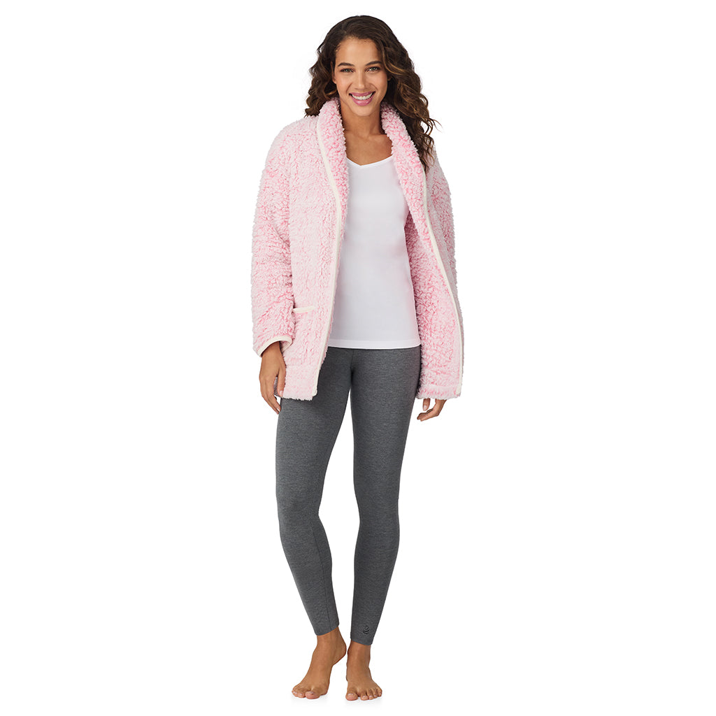 Frosted Pink;Model is wearing size S. She is 5’9”, Bust 34”, Waist 23”, Hips 35”.@A lady wearing Frosted Pink Snuggle Up Sherpa Cardi