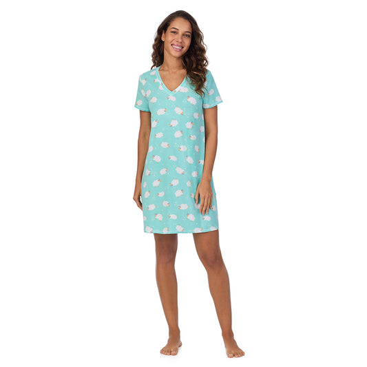 A lady wearing Cotton-Blend Short Sleeve V-Neck Sleep Shirt