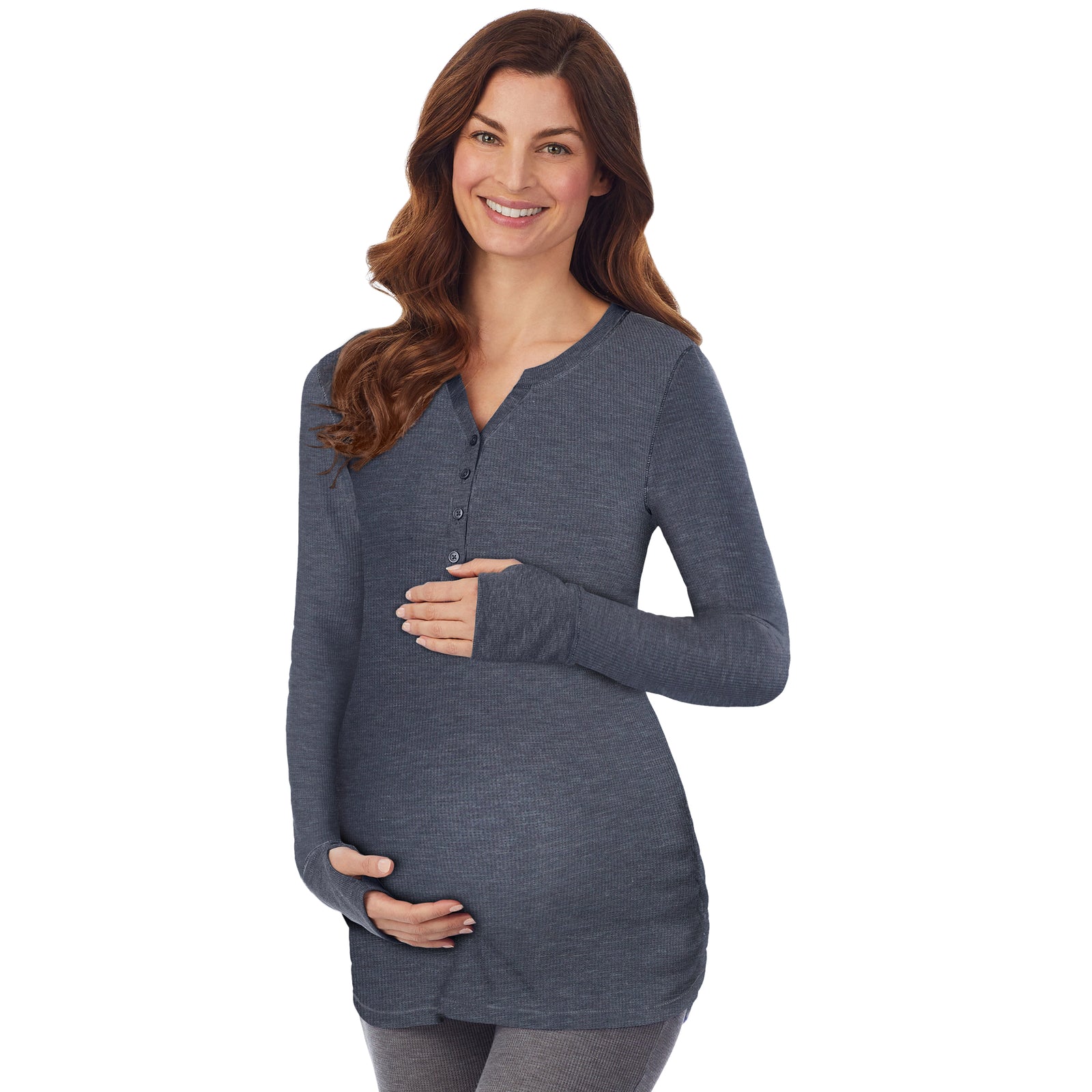 Navy Blazer Heather; Model is wearing size S. She is 5’9”, Bust 34”, Waist 24.5”, Hips 36.5”. @A lady wearing a Navy Blazer Heather long sleeve split V-Neck henley. #Model is wearing a maternity bump.